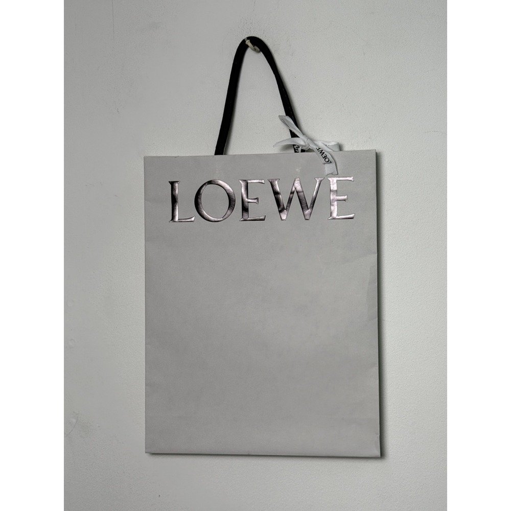 Loewe White Paper Shopping Bag Silver Foil Logo White Ribbon 11.25x14.5in